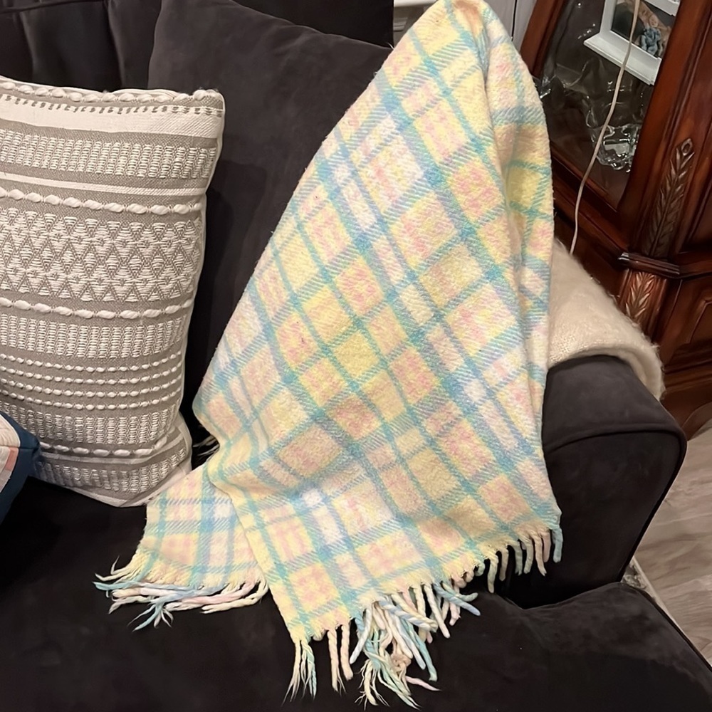 Vintage Baby Blanket Pastel Fringe Plaid Carriage Stroller